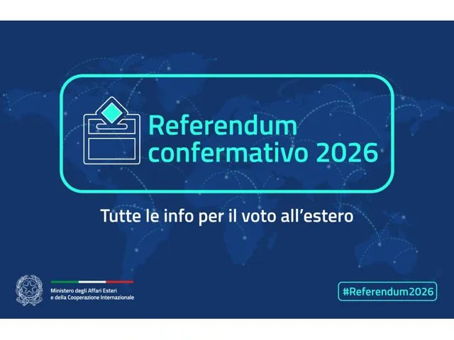 Referendum confermativo 2026 - tutte le info per il voto all'estero. Immagine su sfondo blu e scritte bianche e azzurre.