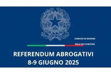 Stemma della Repubblica Italiana su sfondo blu e scritta "Referendum Abrogativi 8-9 giugno 2025" e "Comune di Baveno - risultati scrutini finali".