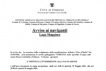 Avviso ai naviganti: Interdizione della navigazione dalle ore 8.00 del 19/05/2026 alle ore 20.00 del 29/05/2026